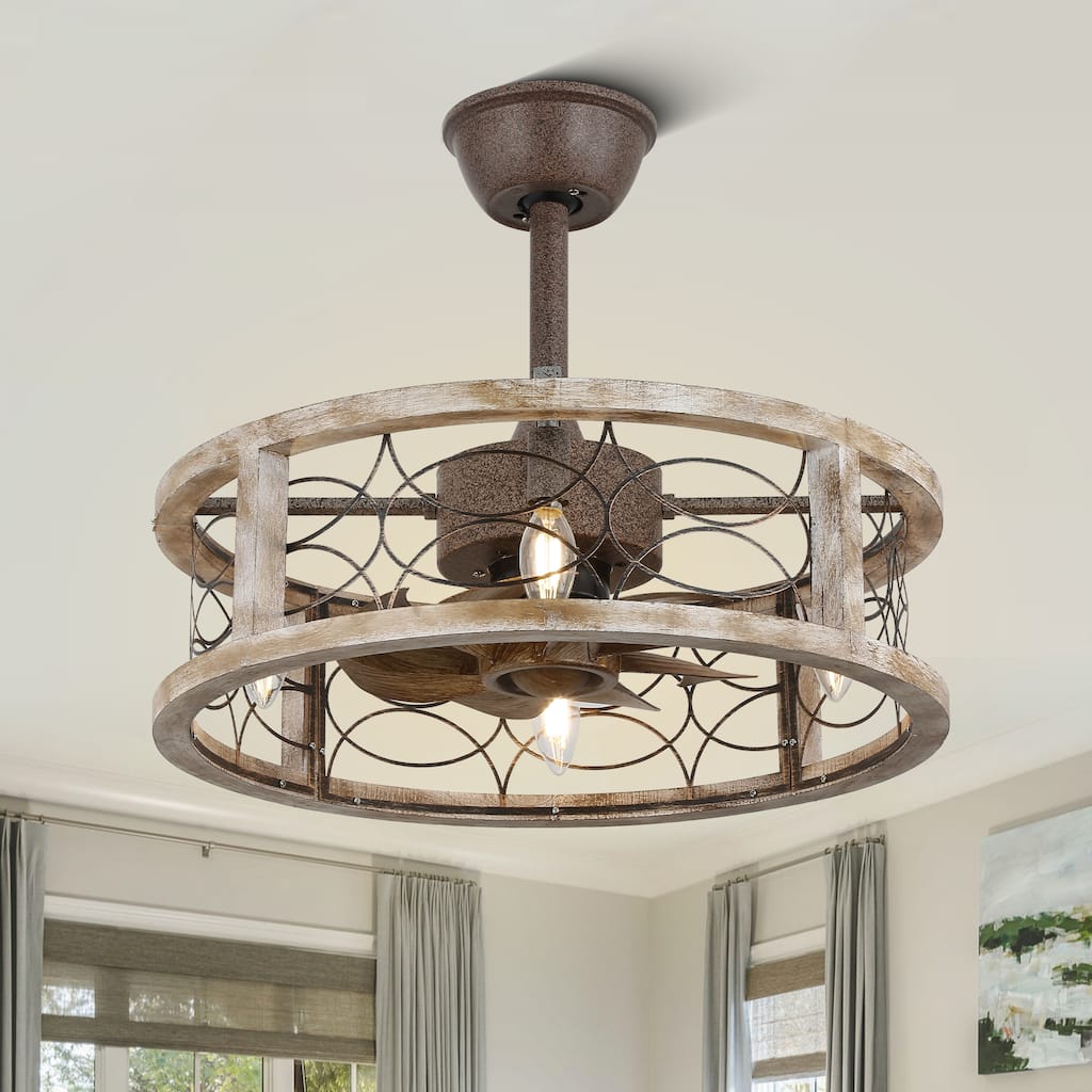 20" Ceiling Fan Light, 4-Light Farmhouse Antique Wood Light, Quiet Motor w 3 Speed & Aged Steel Frame for Bedroom, Dining Room