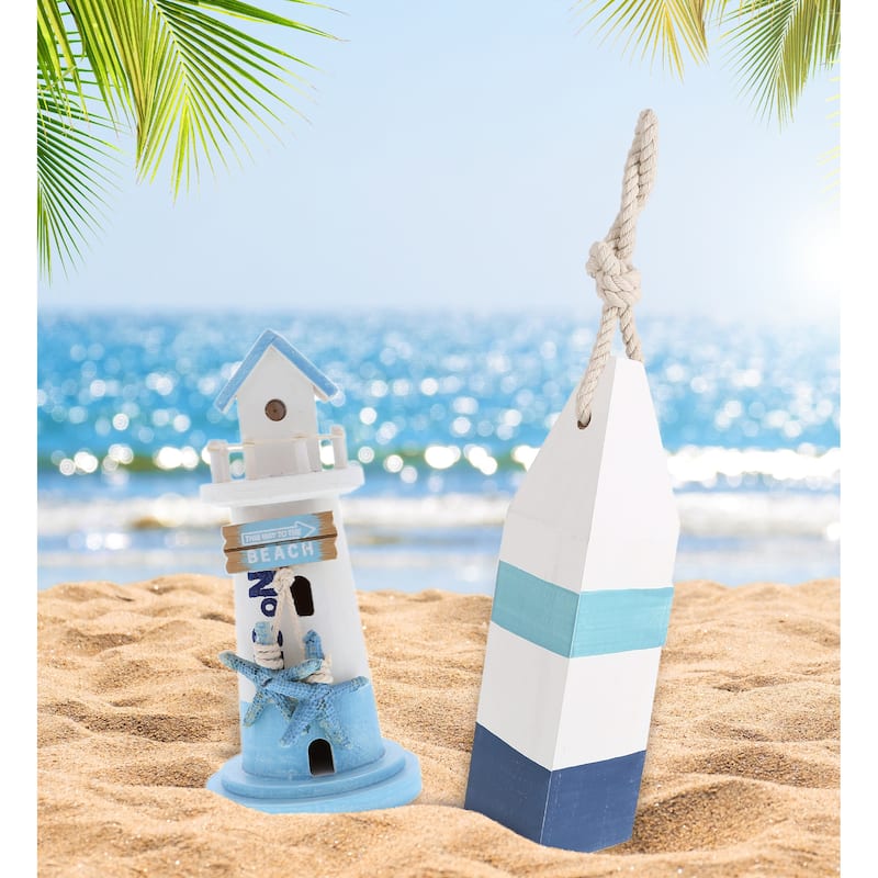 CoTa Global Blue Wooden Nautical Home Decor with Rope - Set of 4 - 9 x 4.3 x 4.3 inches