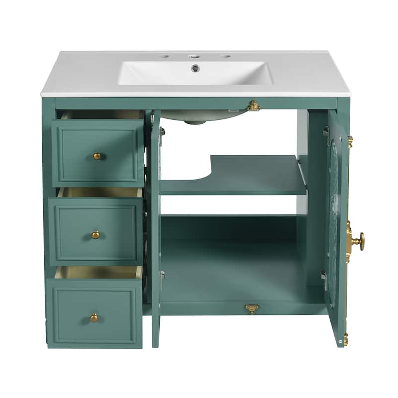 Lake Green Storage Cabinet Bathroom Vanity with Side Shelves, Translucent Glass Doors, Delicate Golden Handle and Knobs