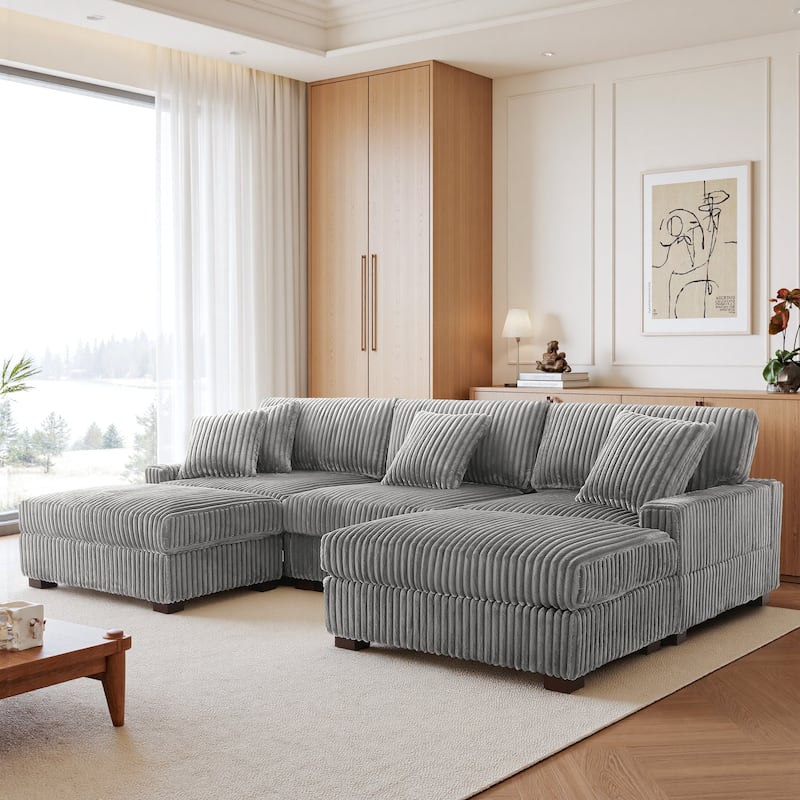 Mia 114" W Oversize Plush Corduroy Modular Sectional Sofa With Ottoman - 114" W - Light Grey
