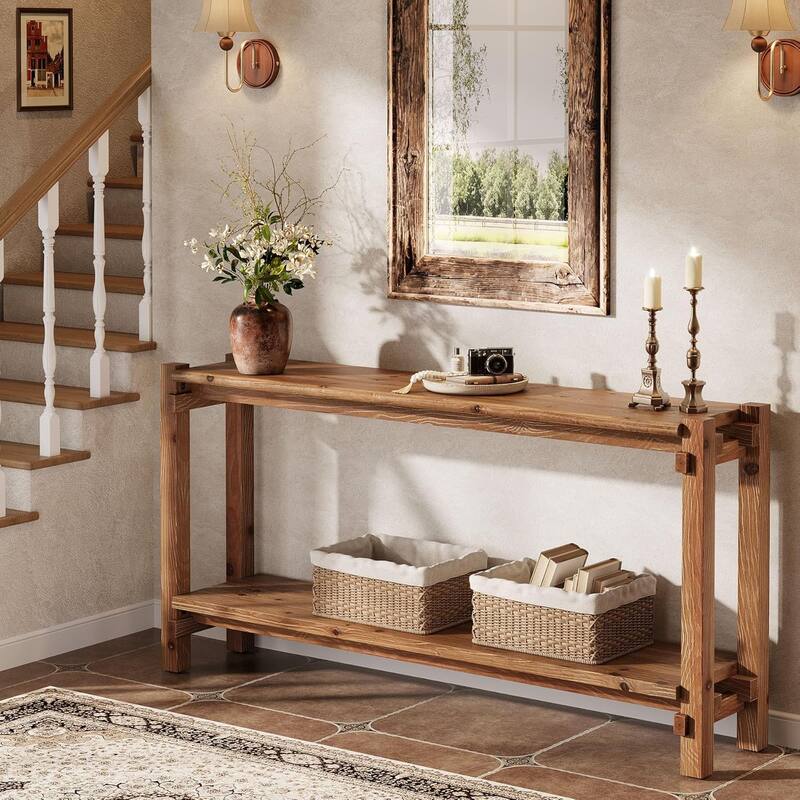 63-Inch Solid Wood Console Table, 2-Tier Farmhouse Entryway Table with Storage