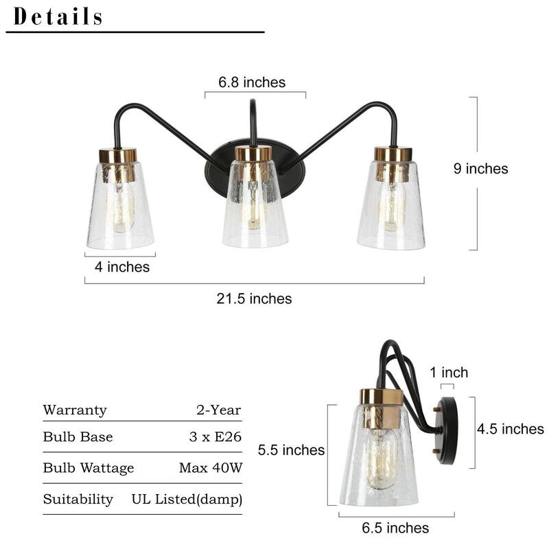 Modern Black Gold Bathroom Vanity Light Wall Sconces with Seeded Glass