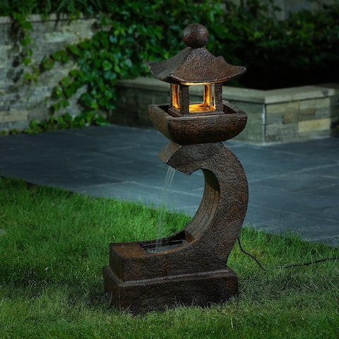 Dark Brown Resin Japanese Pagoda 30.9in. H Fountain with LED Light
