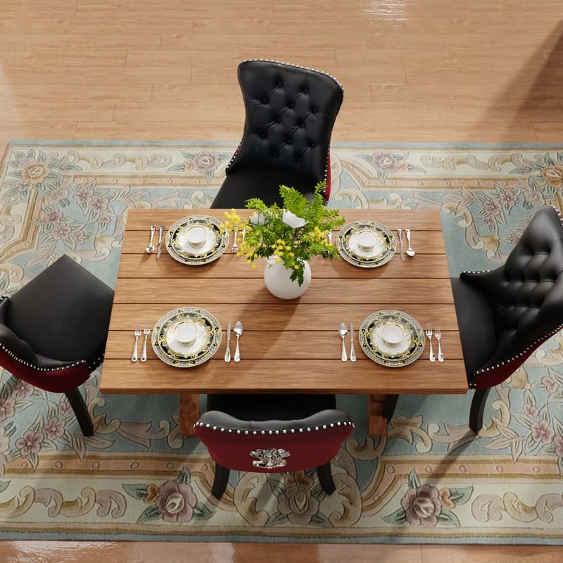 Solid Wood Velvet Upholstered Dining Chair Set of 6 - Black Red PU