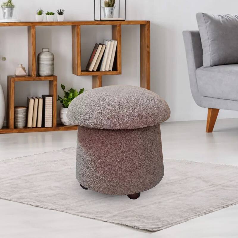 Modern Mushroom Round Ottoman with Storage and Plush Teddy Upholstery