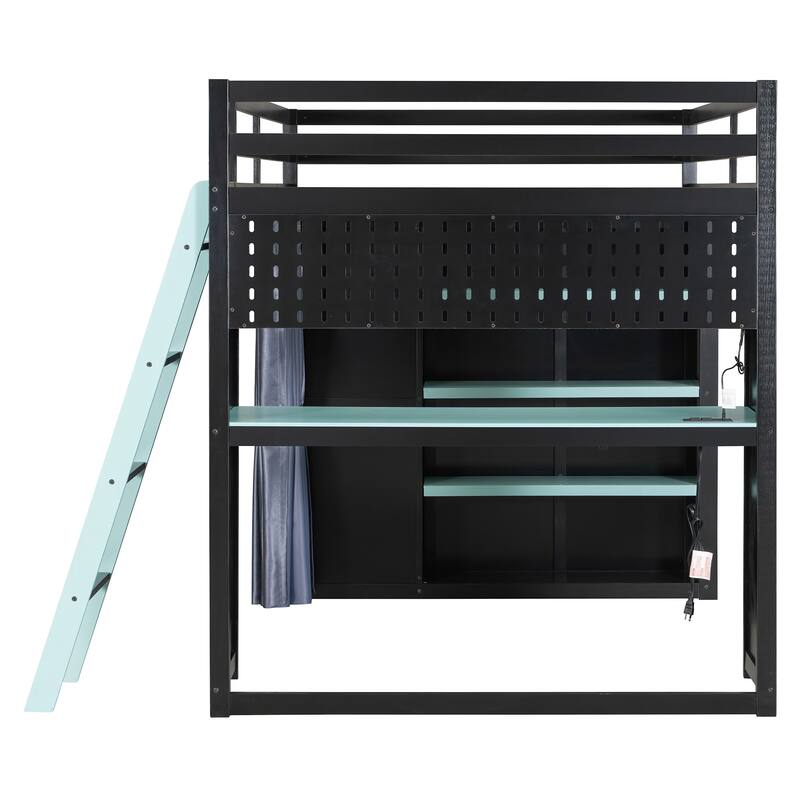 All-in-One Loft Bed Full Size Bedframe with Wardrobe, Shelves, Blackout Curtains, Pegboard, Charging Station and RGB Light Strip