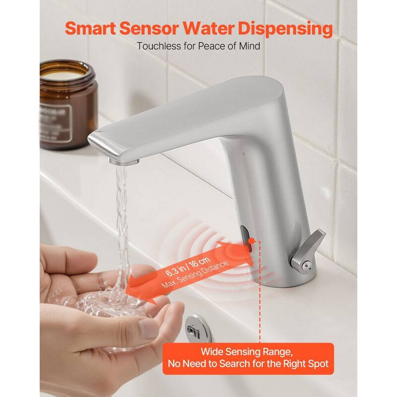 Silver Brushed Nickel Brass Touchless Bathroom Sink Faucet with Infrared Sensor and Temperature Control - 6.3 x 2.1 x 6.5 in