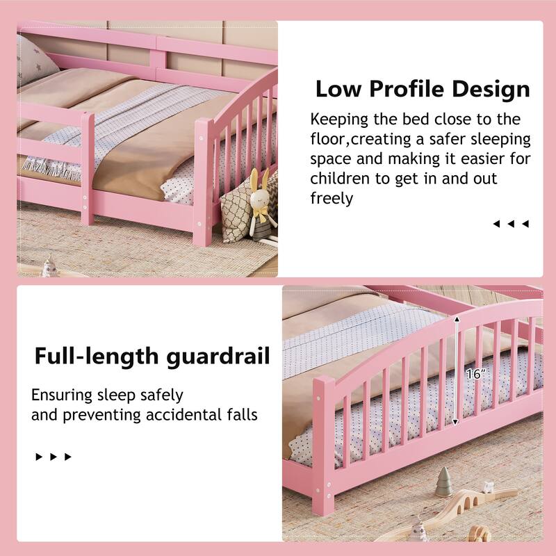 Montessori Solid Pine Floor Bed with Full-Length Safety Fence & Slatted Base by Harper&Bright Designs