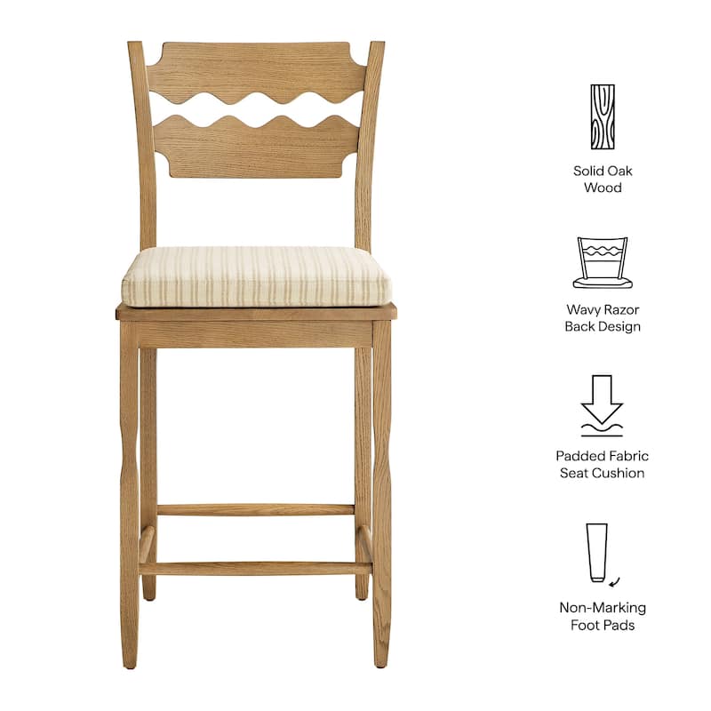 Jax Oak Wood Counter Stool With Wavy Razor Back and Cushion