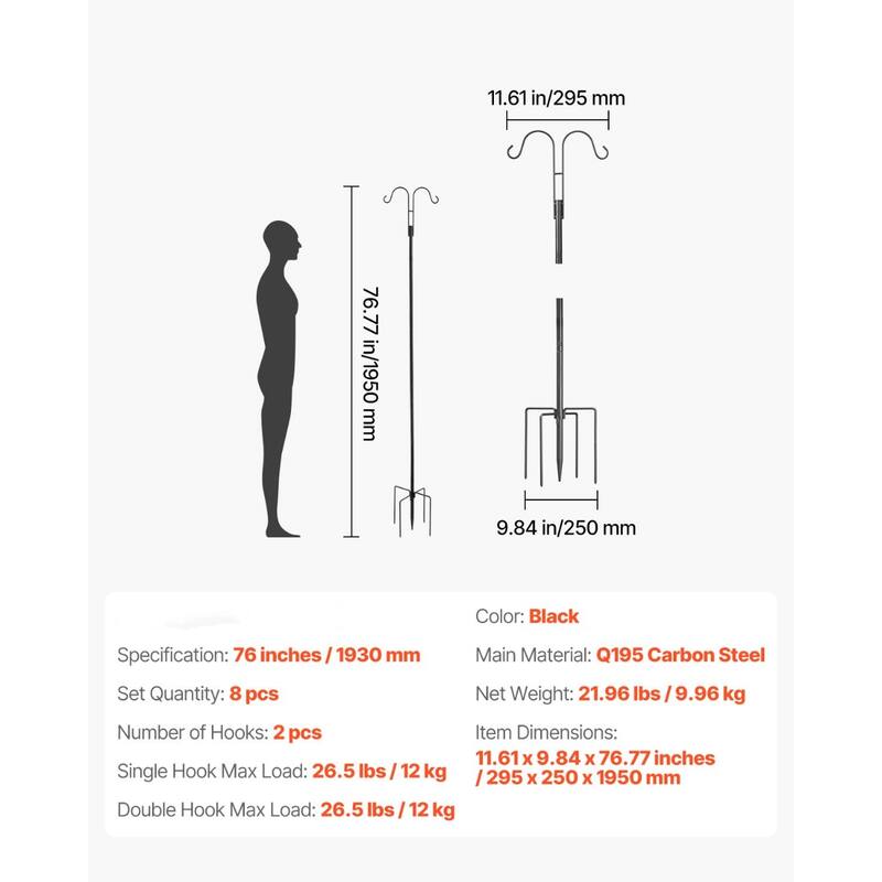 Double Shepherds Hook 8 Pack 76 Inch Heavy Duty Bird Feeder Pole