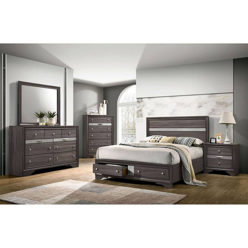 Queen Size Gray Panel Headboard Bed with Drawers, Contemporary Bedroom Furniture