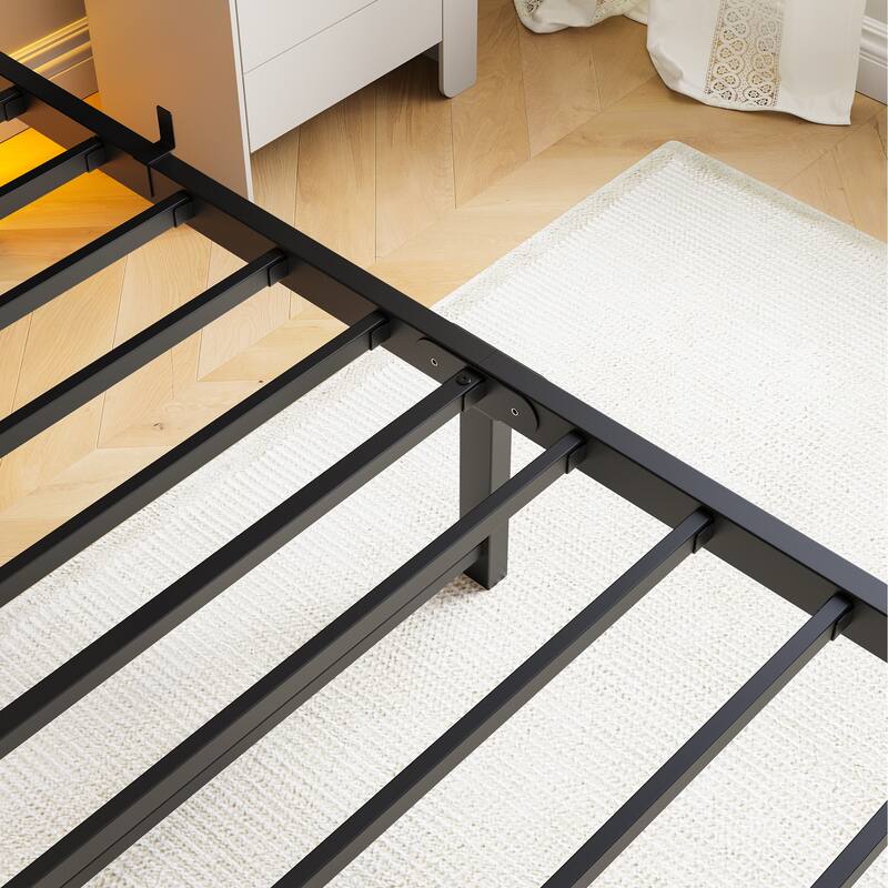 Twin Size Bed Frame Heavy Duty Platform Bed Frame with Headboard, USB Charging Station, LED Bed Mattress Foundation