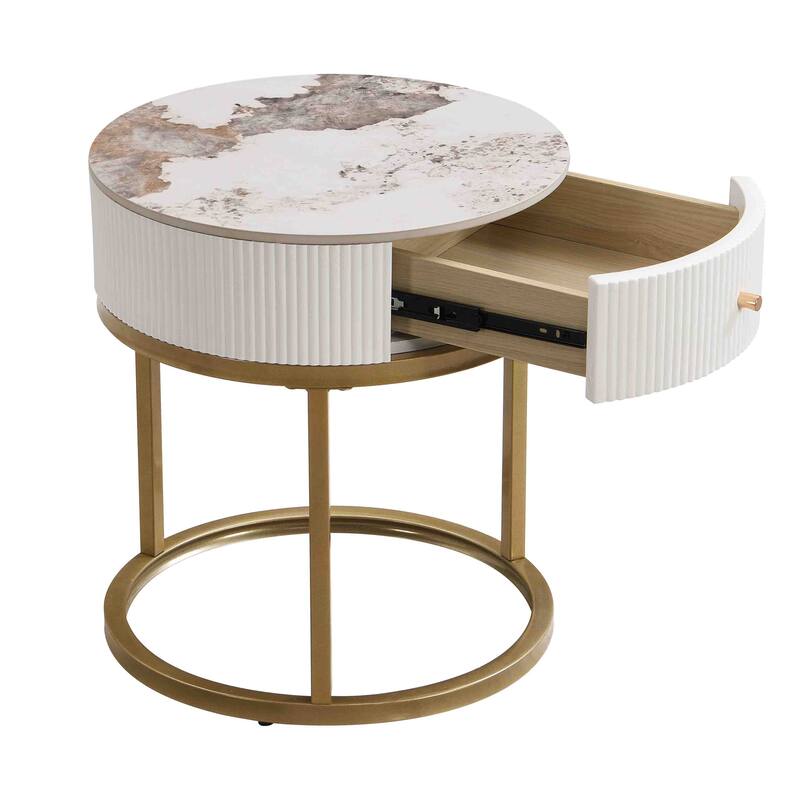 19.68 Inch Modern Nightstand with Drawer, Marble Round End Table with storage, Side Table