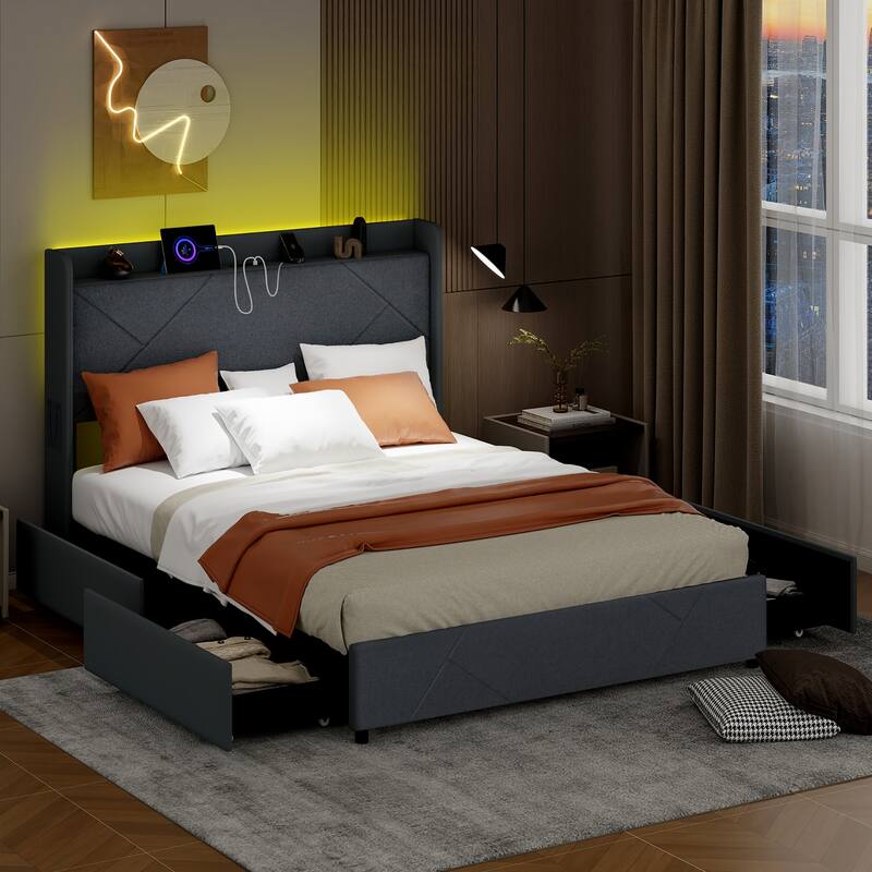 Gymax Bed Frame w/LED Lights Charging Station 2 Storage Pockets & 4