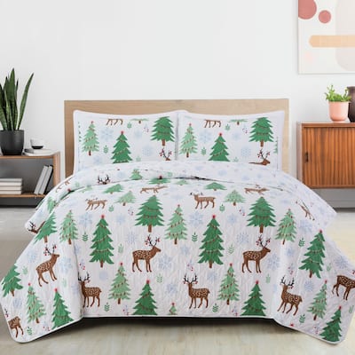Premium Christmas Trees Microfiber Quilt Set With Shams