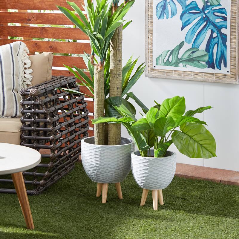 White or Gray Ceramic Indoor Outdoor Planter with Wood Legs (Set of 2)