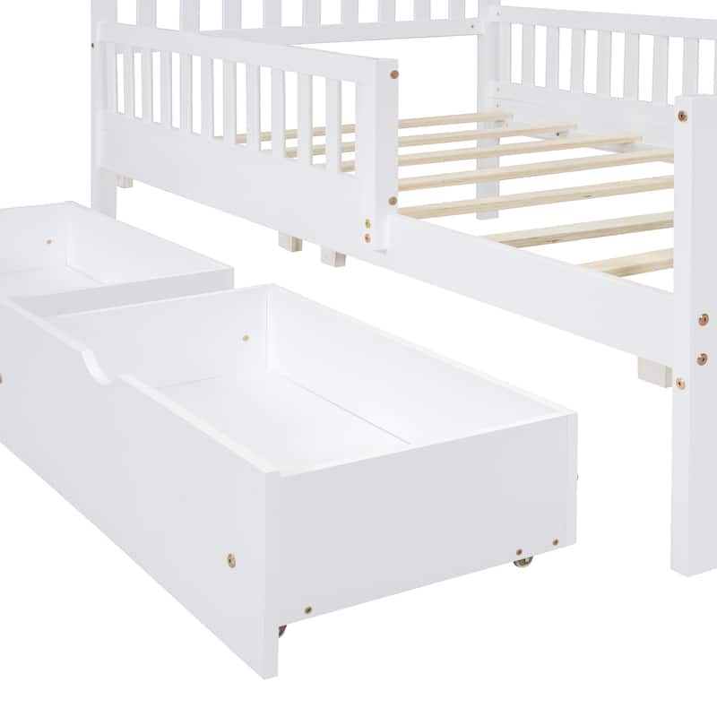Vertical Headboard Footboard Platform Bed Frame, Both Side Guardrails, Wooden Slat Panel Bed with 2 Storage Drawers