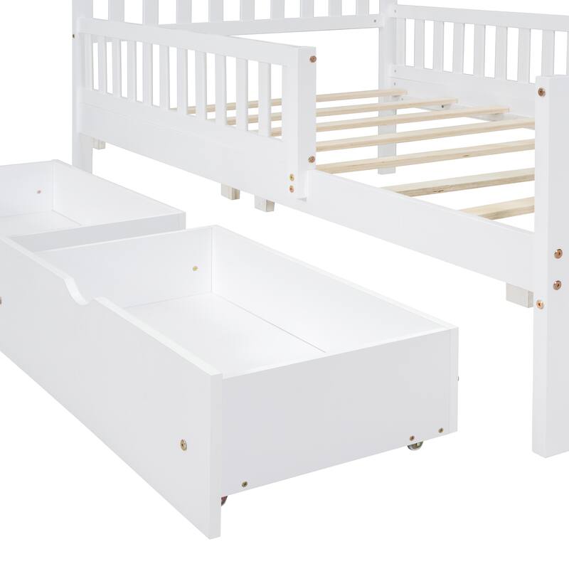 Wooden Platform Bed with Guardrails on Both Sides and Two Storage Drawers