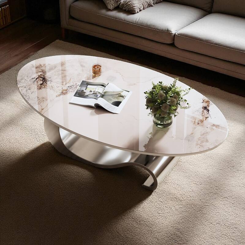 49.2" Oval Faux Marble Coffee Table with Stainless Steel Base, Modern Contemporary Center Accent Table
