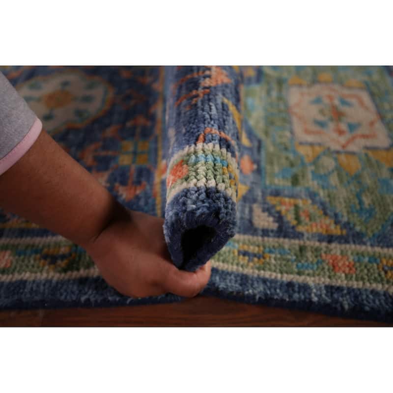 Blue Geometric Khotan Oriental Area Rug Handmade Wool Carpet - 8'9"x 11'11"