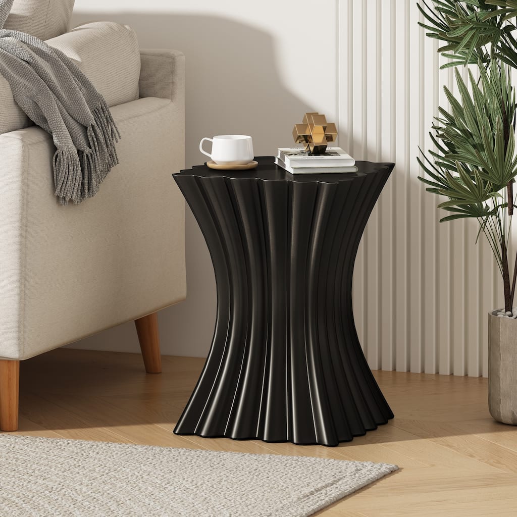 Roomfitters Wave Design Outdoor Side Table, Sculptural Lightweight Concrete Accent Table for Patio and Garden, Black