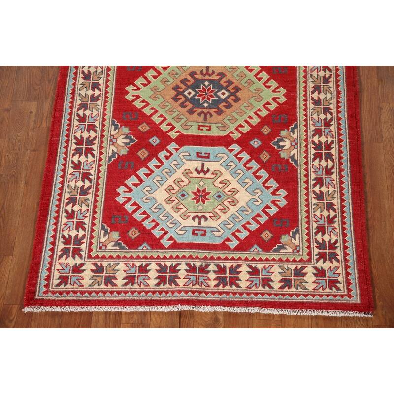 Geometric Red Kazak Rug Hand-Knotted Traditional Bedroom Wool Carpet - 3'4"x 4'10"