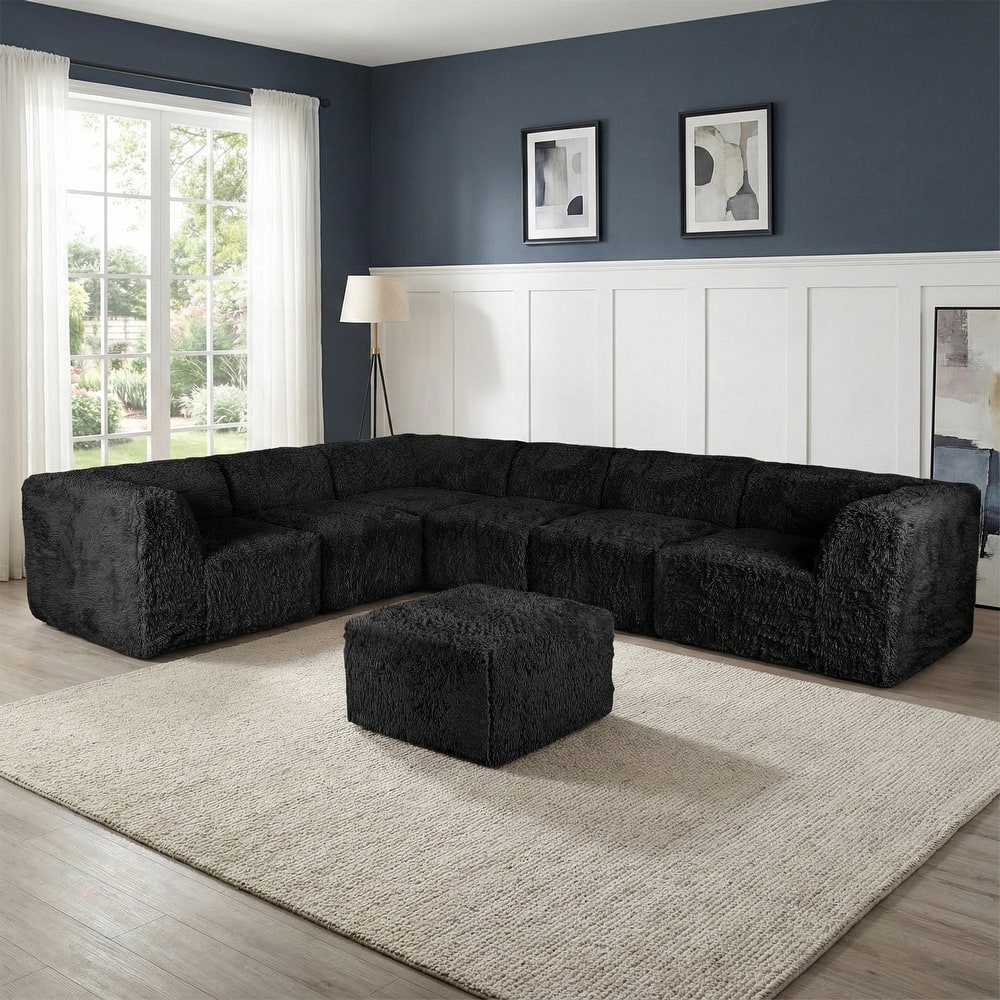Furniture of America Ylena Modern 7-Piece Faux Fur Foam Modular Compressed Sectional Sofa with Ottoman