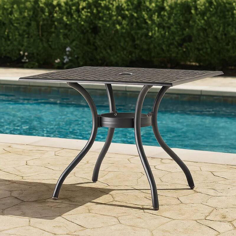 Cay Outdoor Dining Table, 40 Inch Square Top, Black Lattice Metal Design