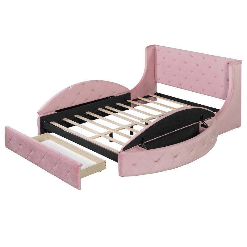 Roomfitters Queen Upholstered Platform Bed, Tufted Wingback Headboard, Velvet Frame, Storage Unit & Semicircular Stools