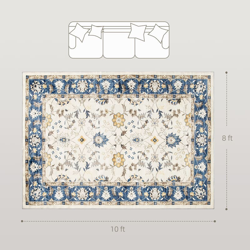HOMCOM Area Rug 8x10, Machine Washable Rug, Non-Slip Boho Floral Print Floor Cover Foldable Carpet for Living Room