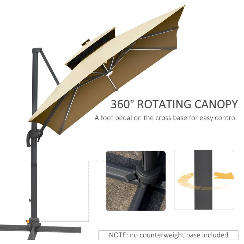 Cantilever Patio Umbrella 2 Tops Outdoor Umbrella with LED Light and Power Bank 360° Rotation Cross Base for Garden