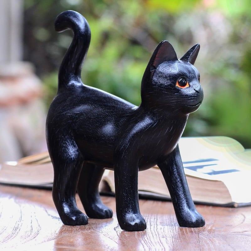 Handmade Curious Kitten In Black Wood Sculpture (Indonesia) - 7.25" H x 6.25" W x 3" D