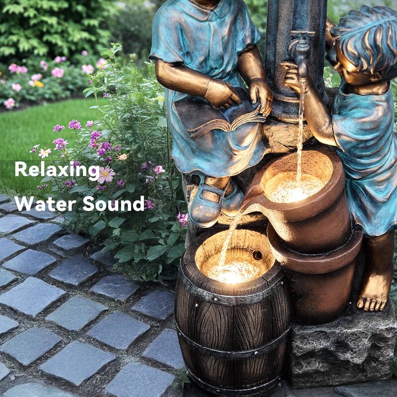 Storybook Outdoor Water Fountain with Boy and Girl Sculpture, Warm LED Lamp Post and Soothing Water Flow