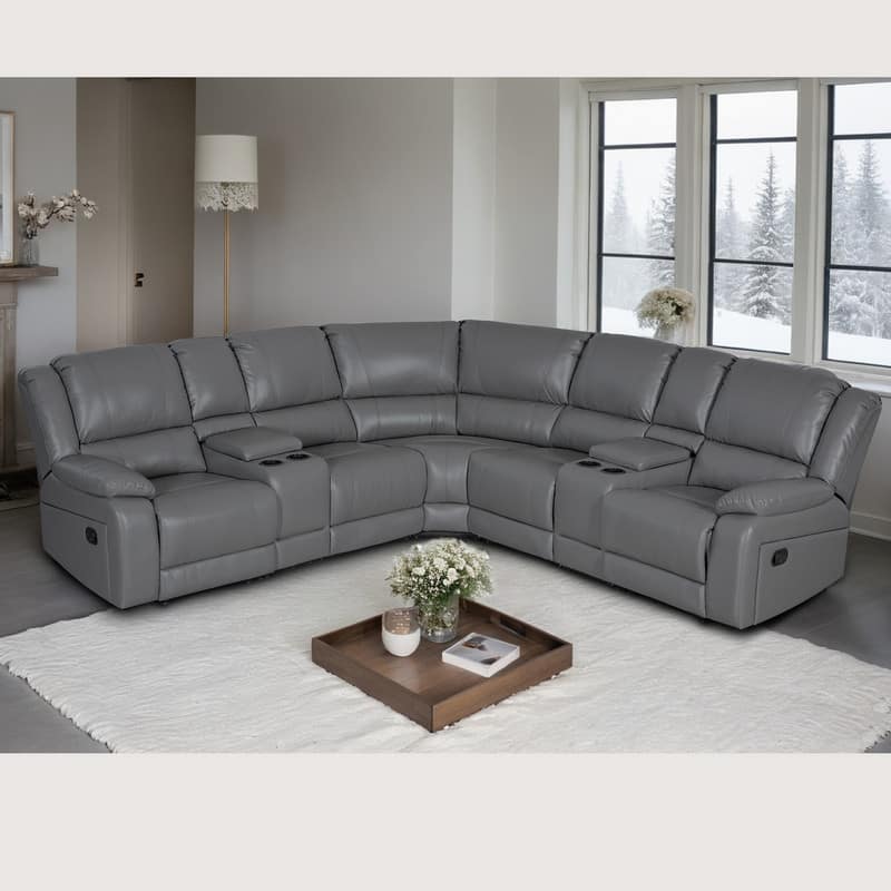 108" W Modern Contemporary Faux Leather 7 Piece Sectional Recliners - Grey+L-Shape
