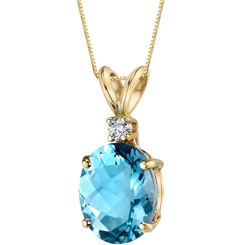 14k Yellow Gold Oval Shape 3.00 cts Swiss Blue Topaz Diamond Pendant