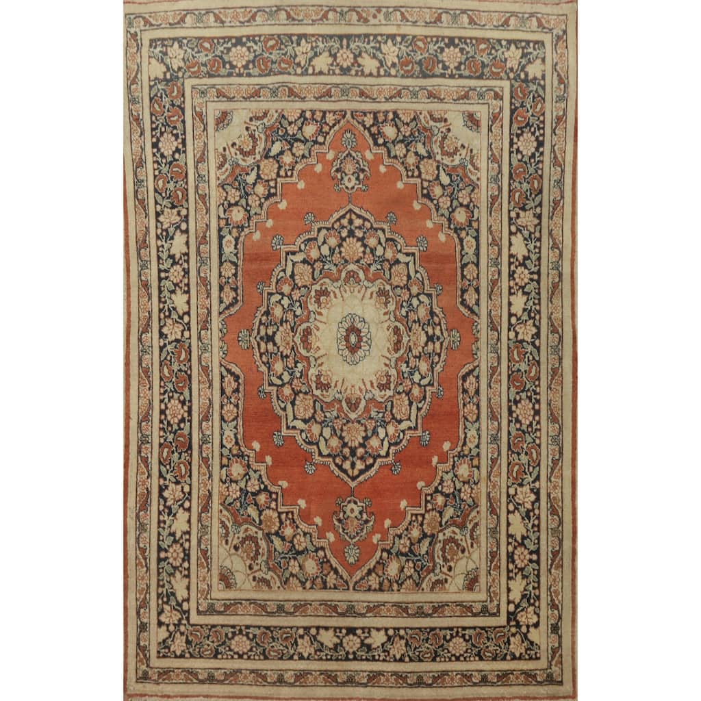 Hand Knotted Oriental 100% Wool Carpet Traditional Medallion Oranges & Rust Tabriz Area Rug - 5' 8'' X 3' 11''