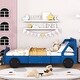 preview thumbnail 2 of 7, Blue Full Size Unique Car Platform Bed with headboard and Safety Rails, Wheel Legs, High-Quality Construction