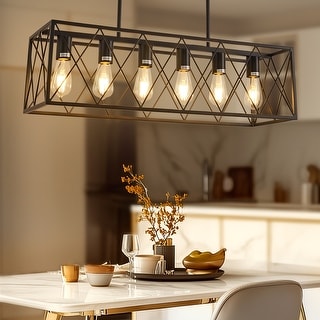 YANSUN 6-Light Black Iron Cross-Mesh Island Pendant Light