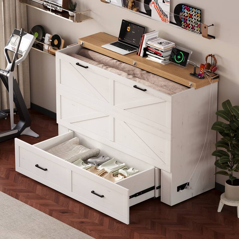 Queen Murphy Bed with Charging Station,Farmhouse Murphy Cabinet Bed with Large Storage Drawer,Hideaway Foldable Platform Bed