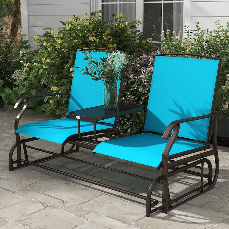 Outdoor Glider Bench with Center Table, Patio Loveseat with Breathable Mesh Fabric, Armrests & Metal Frame