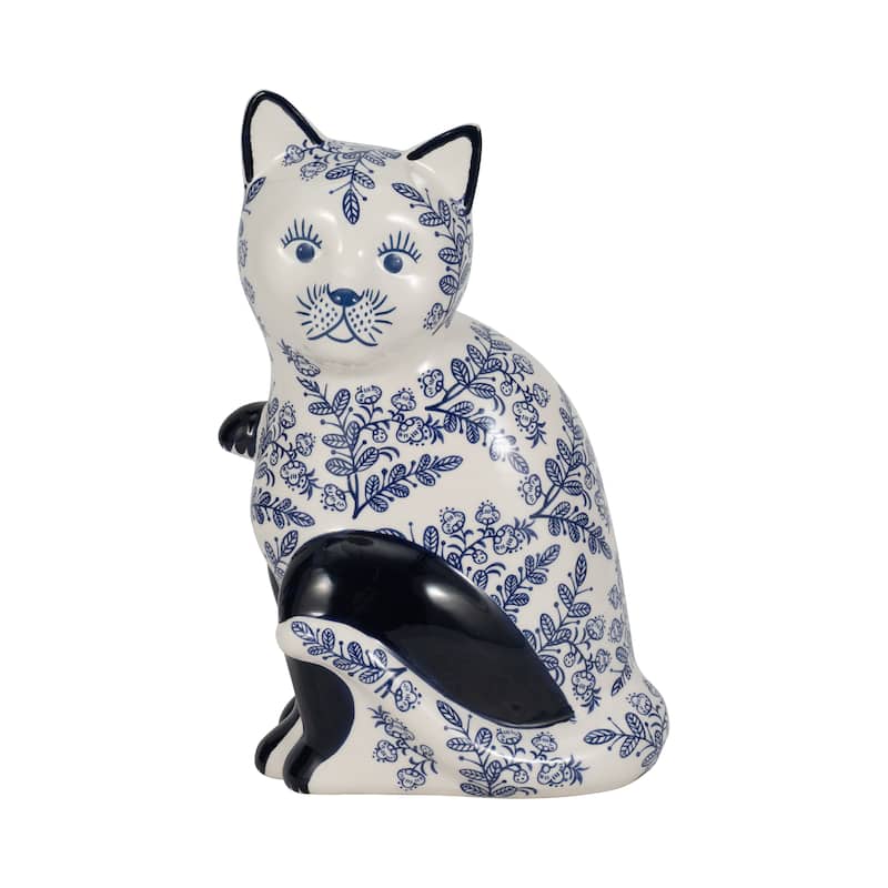 Ceramic Cat Sculpture Contemporary Vintage Style Chinoiserie Blue and White Floral Cat Statue Cat Lover