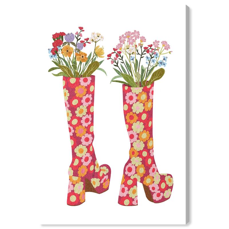 Wynwood Studio Canvas Fashion and Glam Floral Boots Red and Modern & Contemporary Wall Art Canvas Print