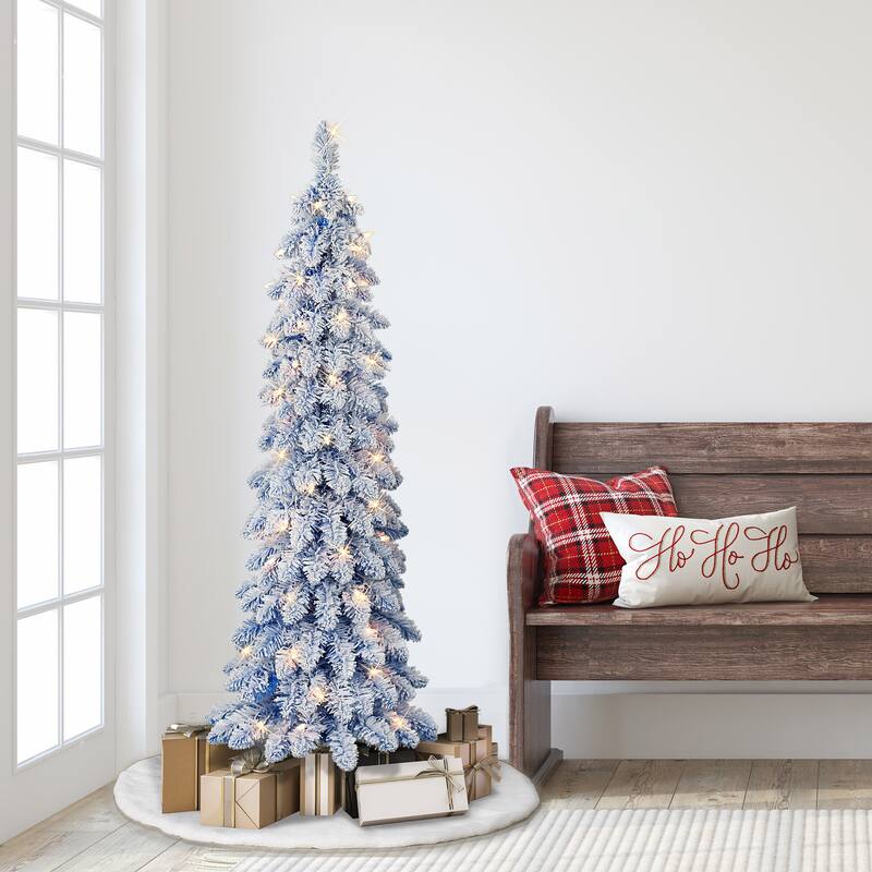 Puleo International 4 ft. Pre-Lit Flocked Blue Artificial Alpine Pencil Tree