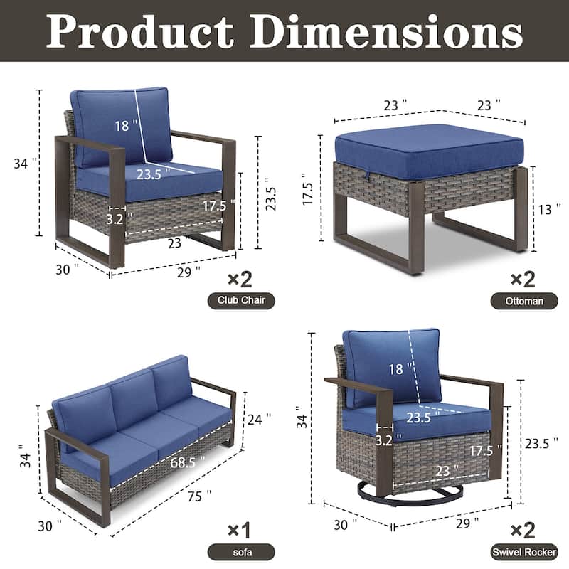 Gymojoy 7 Pieces Patio Sofa with Rattan Swivel Rocking Chair Ottomans Outdoor Conversation Set