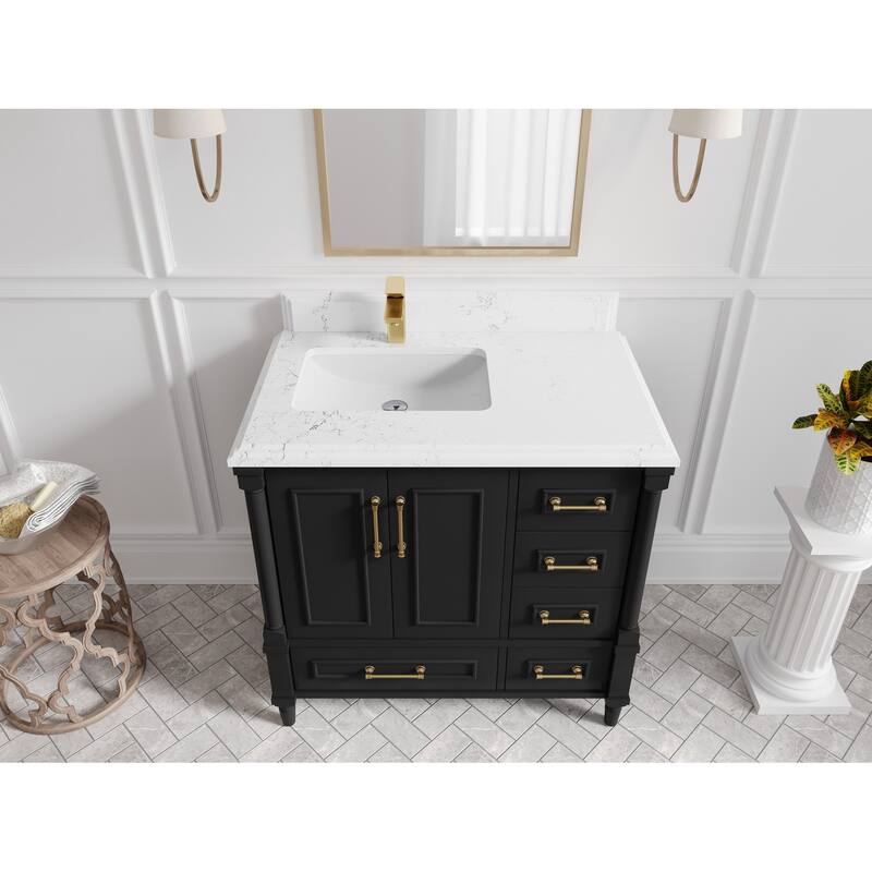 Willow Collections 36 in. W x 22 in. D Aberdeen Left Offset Sink Bathroom Vanity with Countertop - 1.5" Empira White - Black