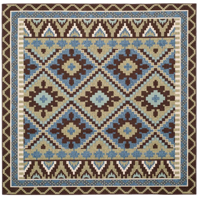 SAFAVIEH Veranda Vitaline Indoor/ Outdoor Waterproof Patio Backyard Rug - 6'7" x 6'7" Square - Green/Chocolate