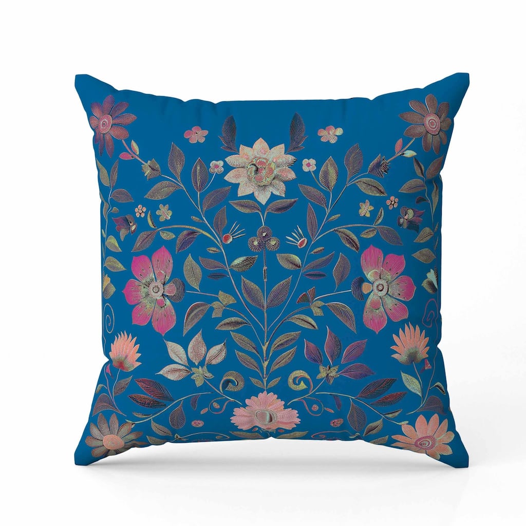 Symmetrical Flora Indoor/Outdoor Reversible Throw Pillow Blue and Pink