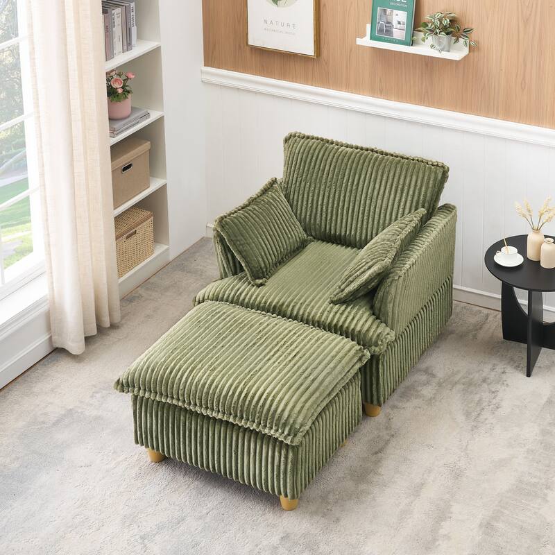 Single Sofa with Ottoman, Comfy Corduroy Upholstered Armchair, Lounge Chair with Throw Pillows for Living Room, Balcony