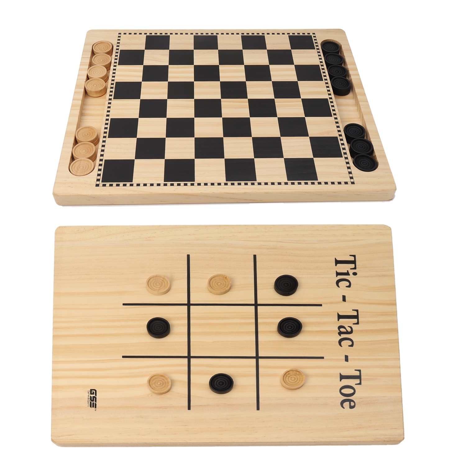 GSE™ 2-in-1 Natural Wood Reversible Checkers & Tic-Tac-Toe Board