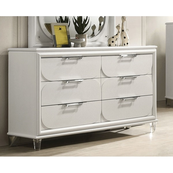 Contemporary Glam Pearl White 1pc Dresser Acrylic Handles Embossed Panels  English Dovetails Hidden Jewelry Drawers Dresser - Bed Bath & Beyond -  43722513
